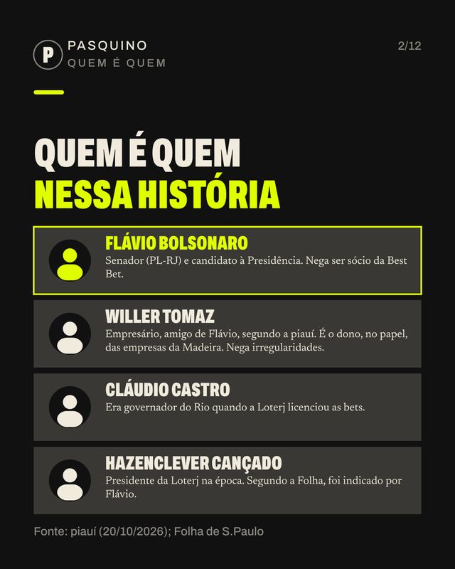Card do carrossel A casa de apostas e Flávio: o que a piauí mostra